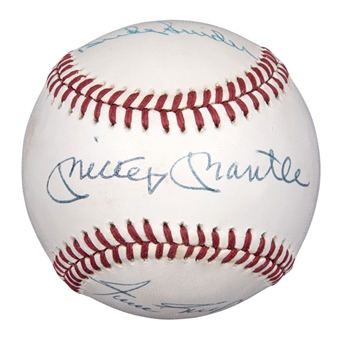 Mickey Mantle, Willie Mays and Duke Snider Multi-Signed OAL Bobby Brown Baseball (PSA/DNA)